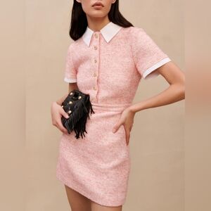Maje Pink Tweed Mini Dress with White Collar